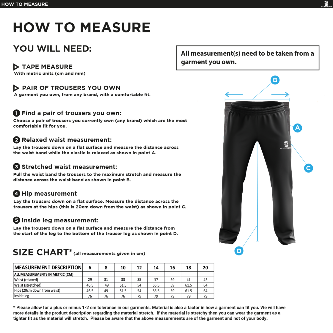 Shepley CC - Women's Rip Stop Track Pant - Size Guide