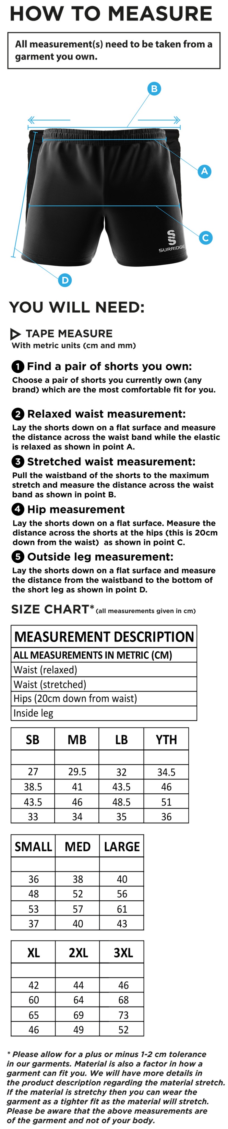 Shepley CC - Performance Gym Short - Size Guide