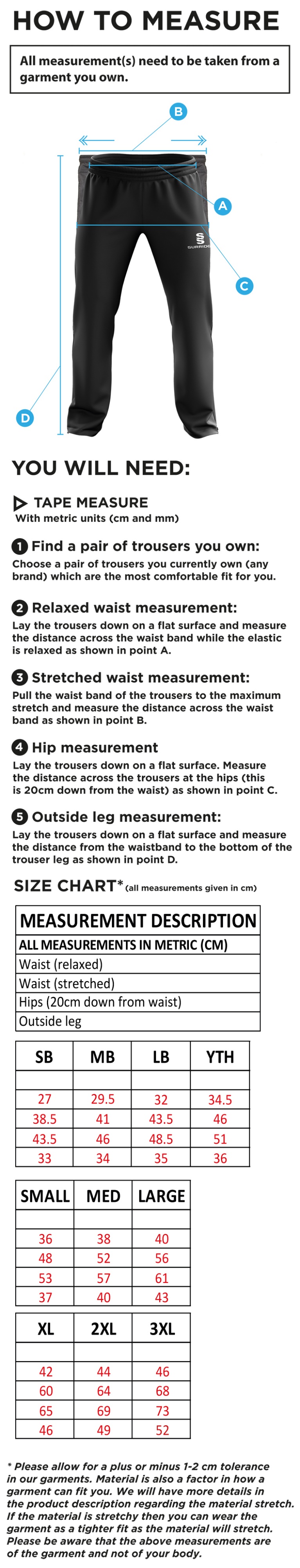 Shepley CC - Ripstop Track Pant - Size Guide