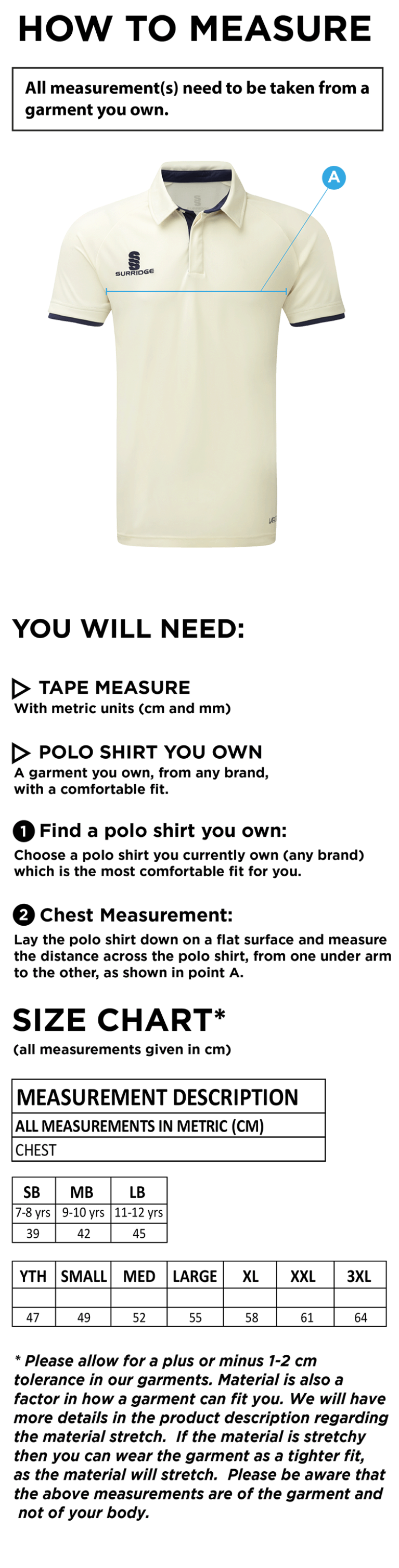 Shepley CC - Ergo Short Sleeve Shirt - Junior - Size Guide