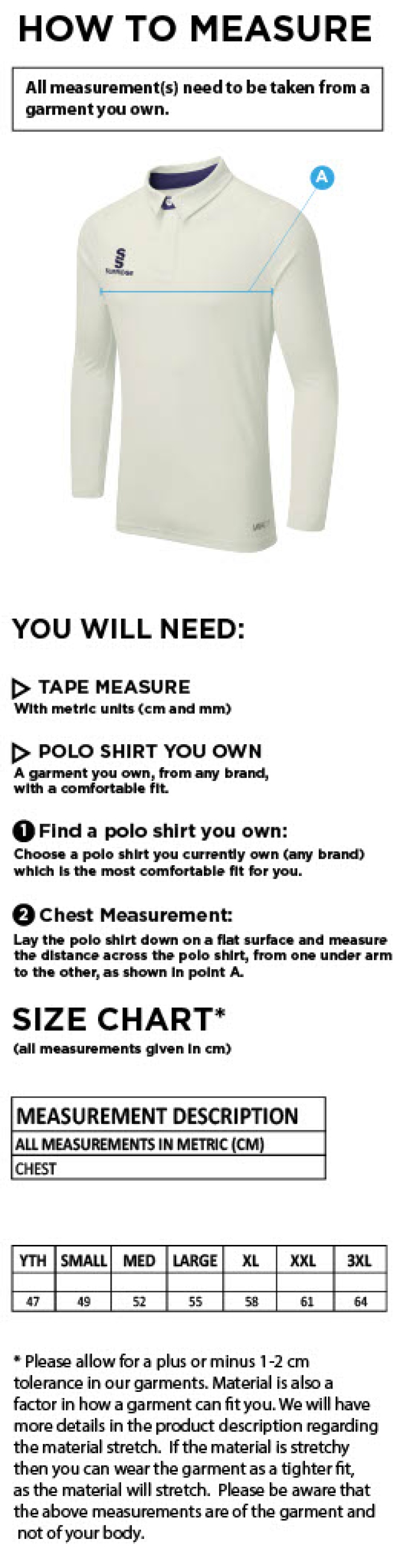 Shepley CC - Ergo Long Sleeve Shirt - Junior - Size Guide
