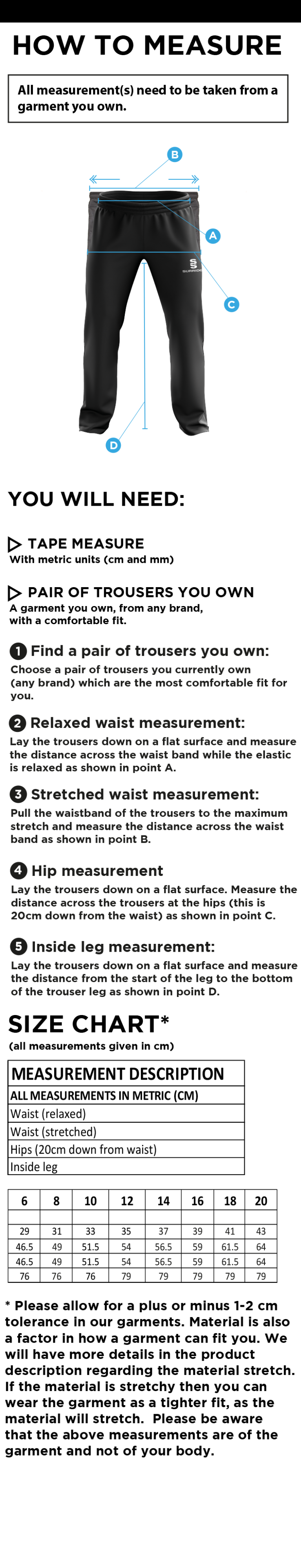 Shepley CC - Women's Rip Stop Track Pant - Size Guide