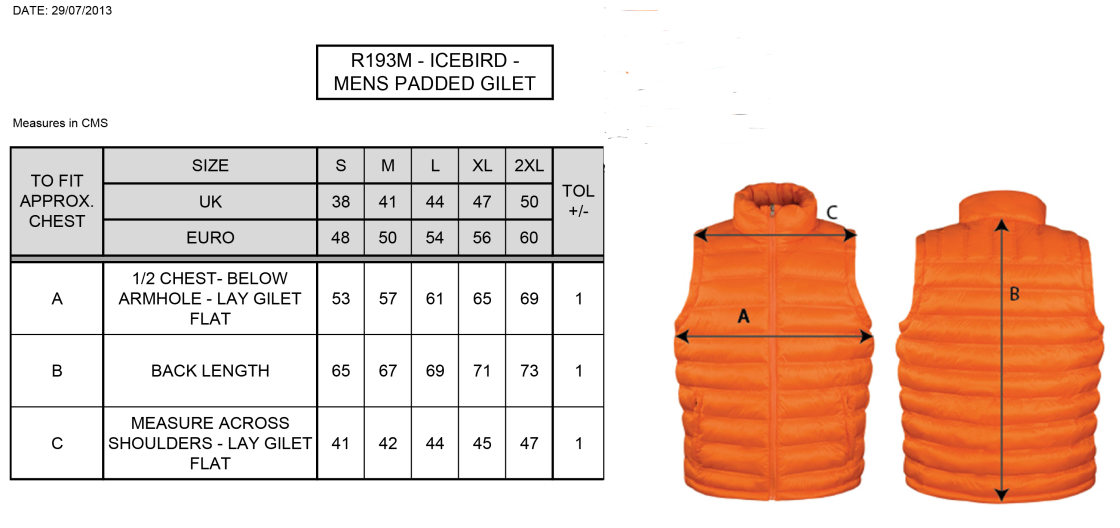 Shepley CC - Padded Gilet - Size Guide