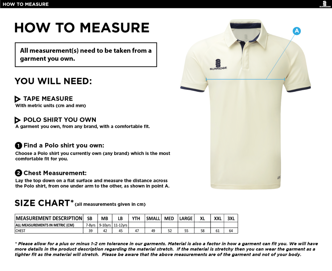 Shepley CC - Ergo Cricket Shirt - Short Sleeve - Seniors - Size Guide