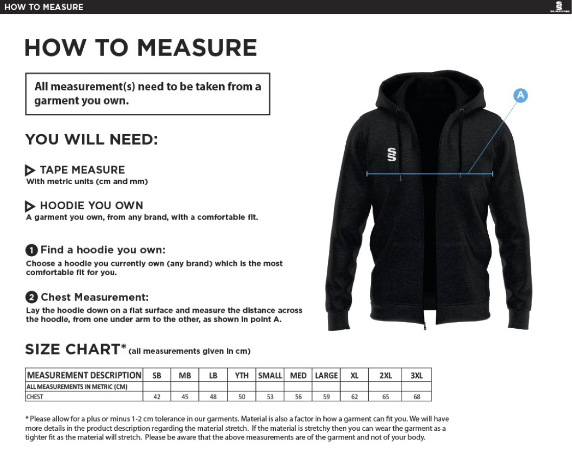 Shepley CC - Dual Full Zip Hoody - Size Guide