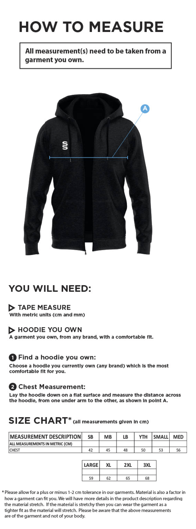 Shepley CC - Dual Full Zip Hoody - Size Guide