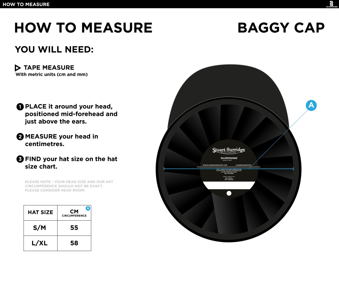 Shepley CC - Baggy Cricket Cap - Size Guide