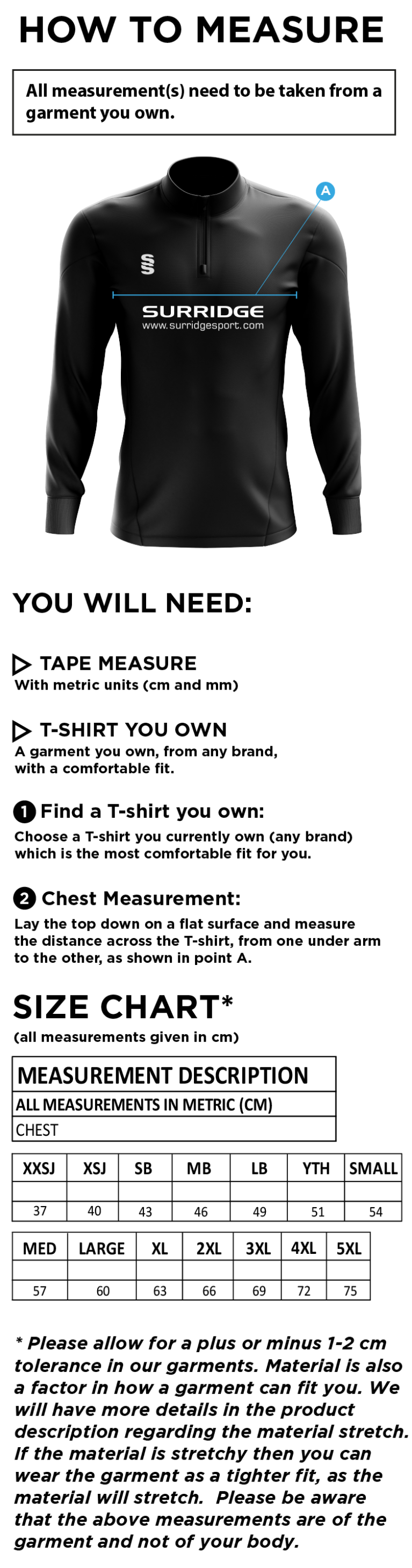 Shepley CC - 1/4 Zip Dual Performance Top - Size Guide