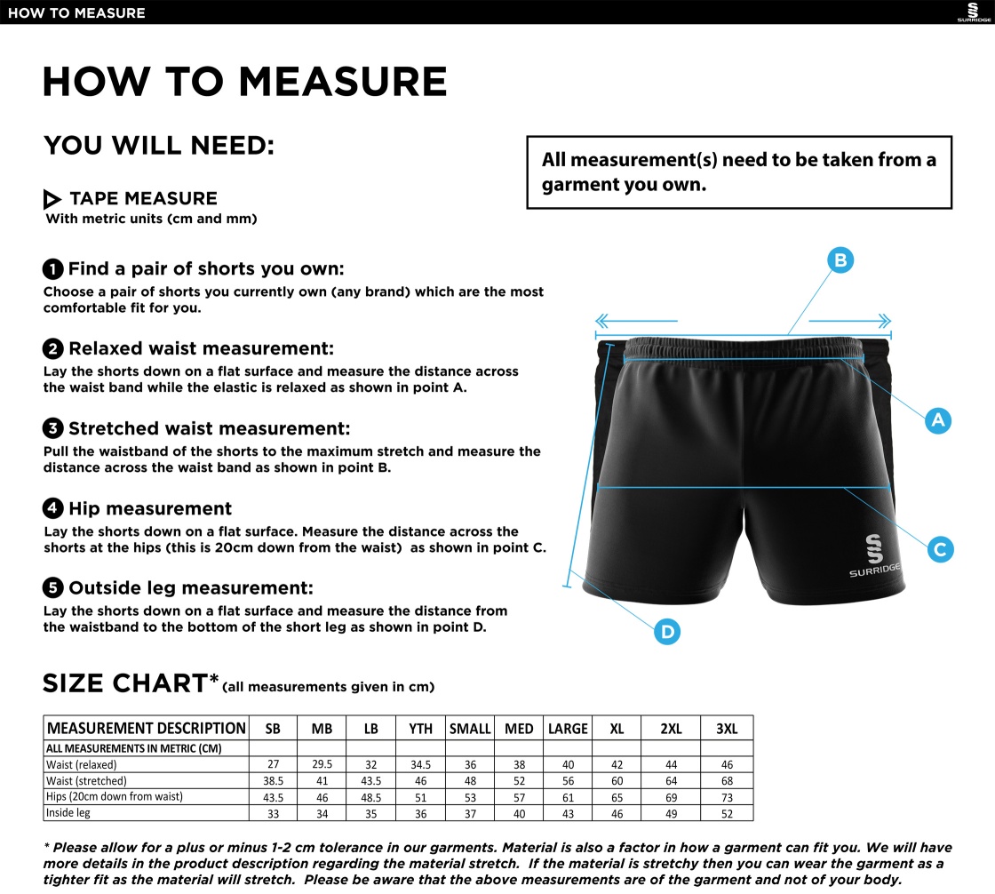 Shepley CC - Performance Gym Short - Size Guide