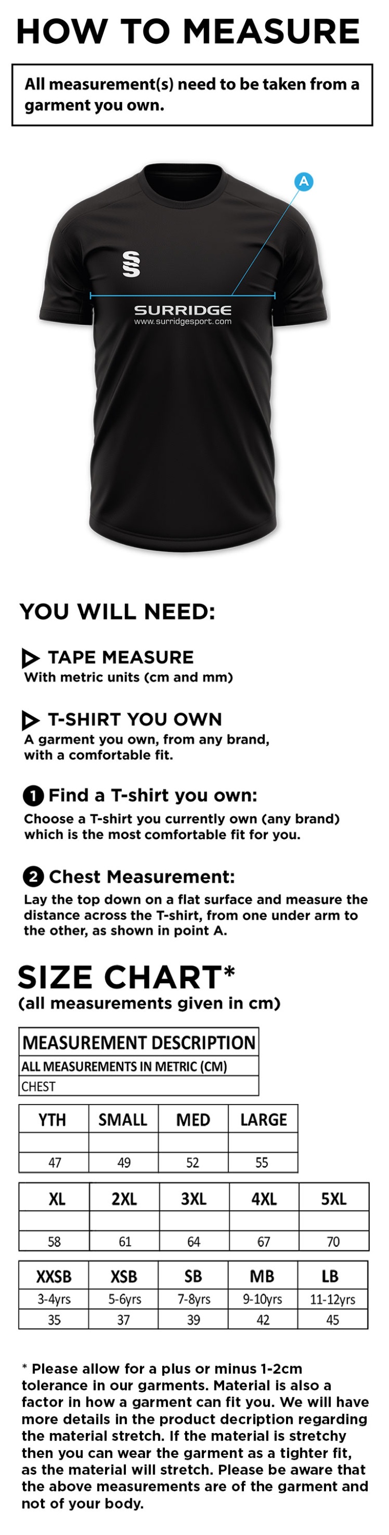 Shepley CC - Dual Games Shirt - Size Guide