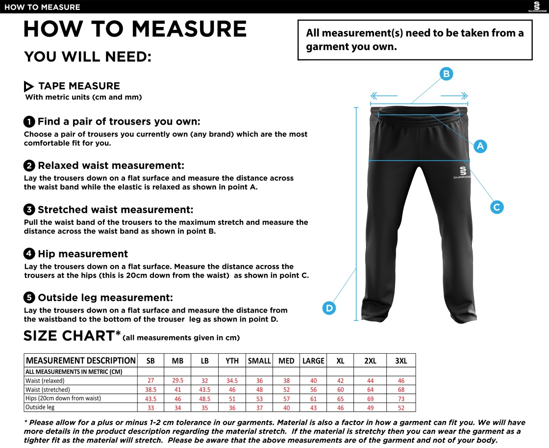 Shepley CC - Ripstop Track Pant - Size Guide