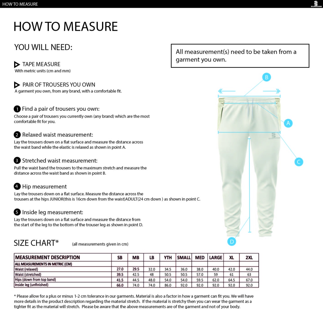 Shepley CC - Tek Playing Pant - Size Guide