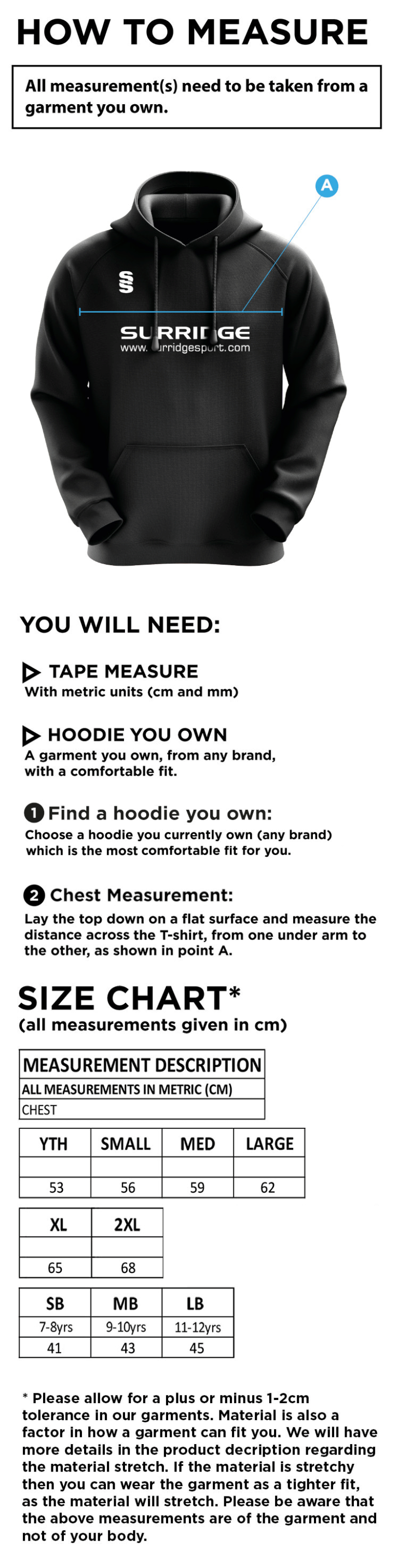 Shepley CC - Blade Hoody - Size Guide