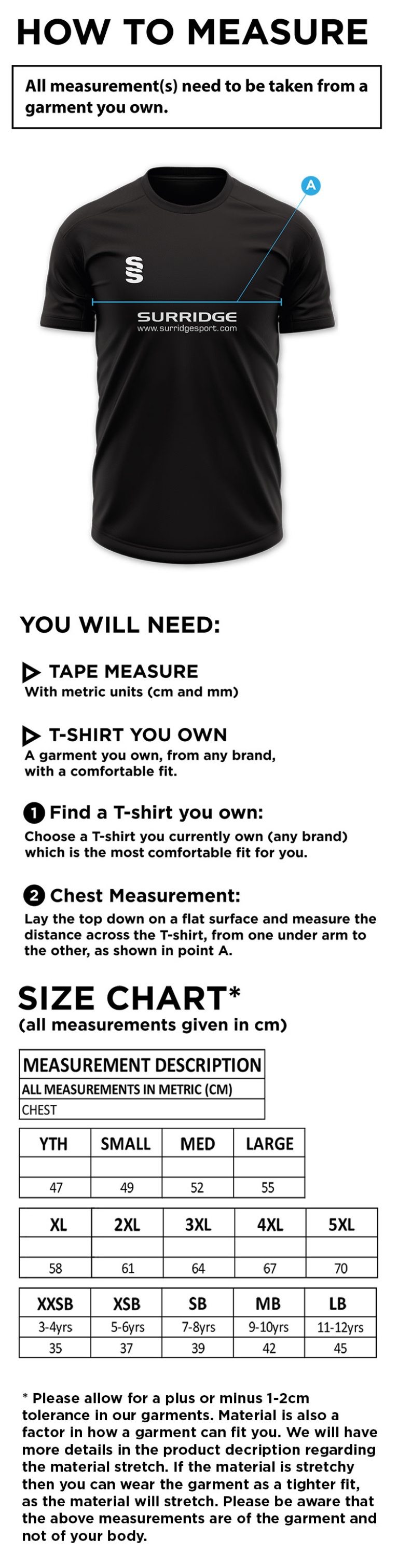 Shepley CC - Dual Training Shirt - Size Guide