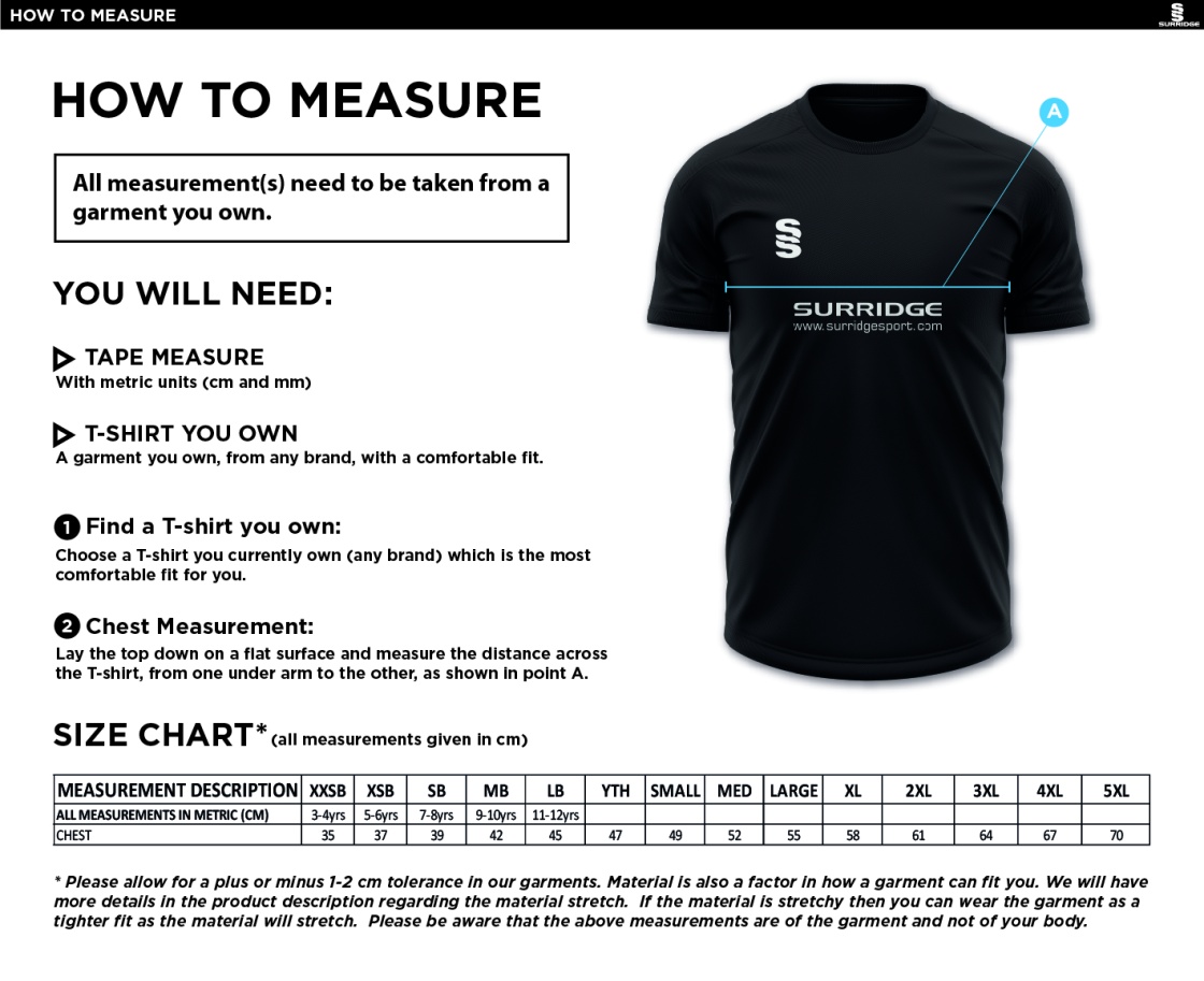 Shepley CC - Dual Training Shirt - Size Guide