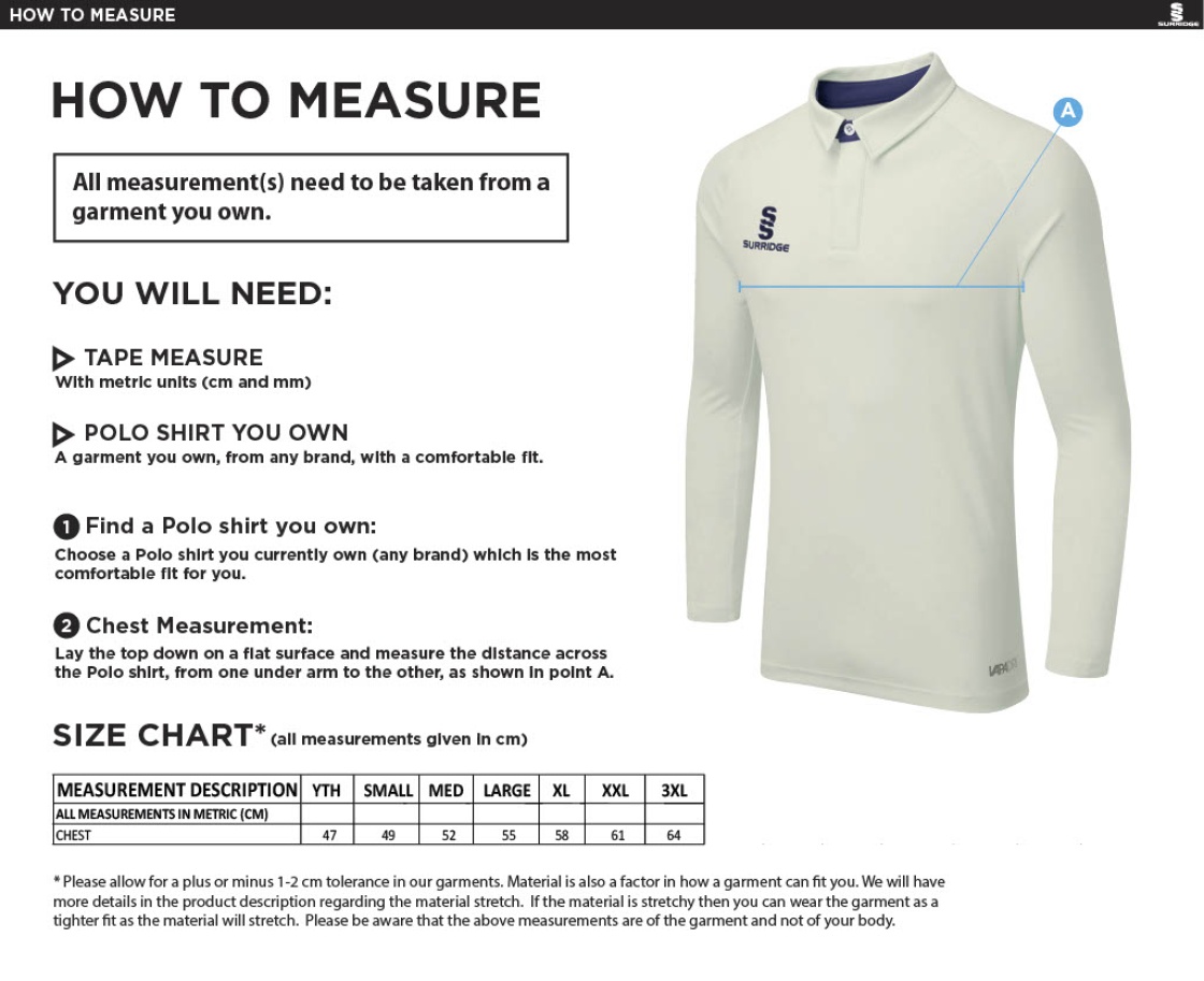 Shepley CC - Ergo Long Sleeve Cricket Shirt - Seniors - Size Guide