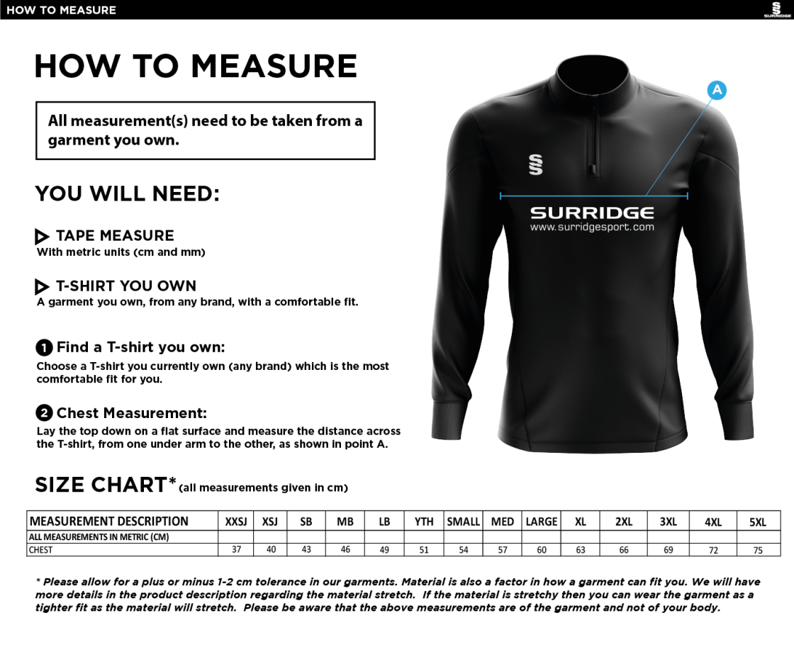 Shepley CC - 1/4 Zip Dual Performance Top - Size Guide