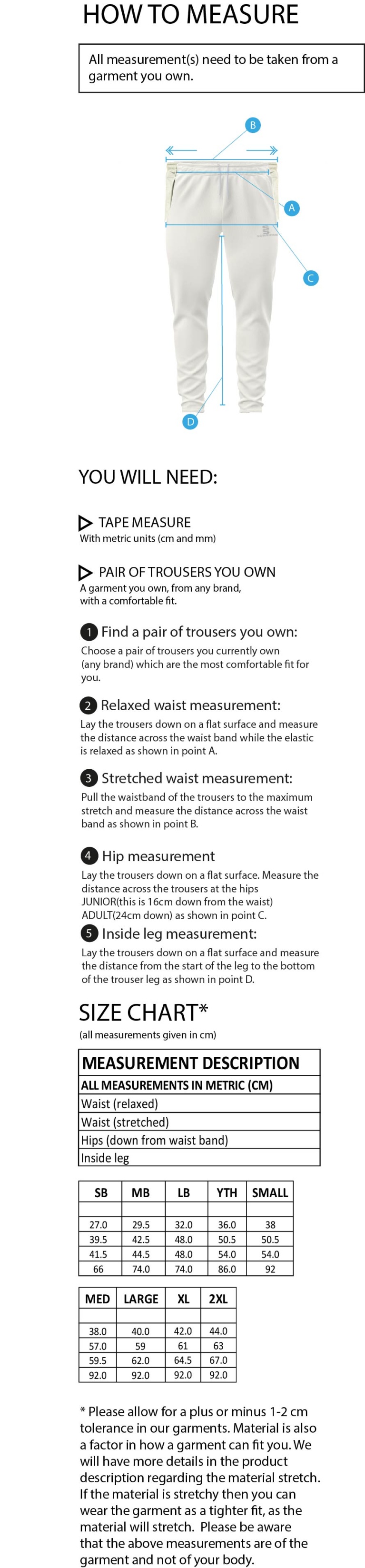 Shepley CC - Tek Playing Pant - Size Guide